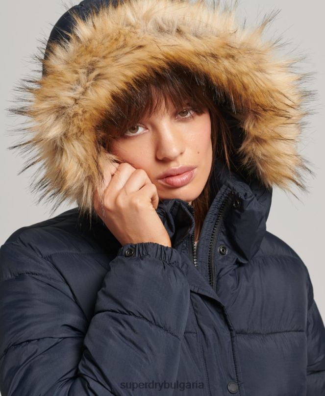 Superdry облекло N00H3662 военноморски флот Жени пухено палто с парагади и качулка от изкуствена кожа