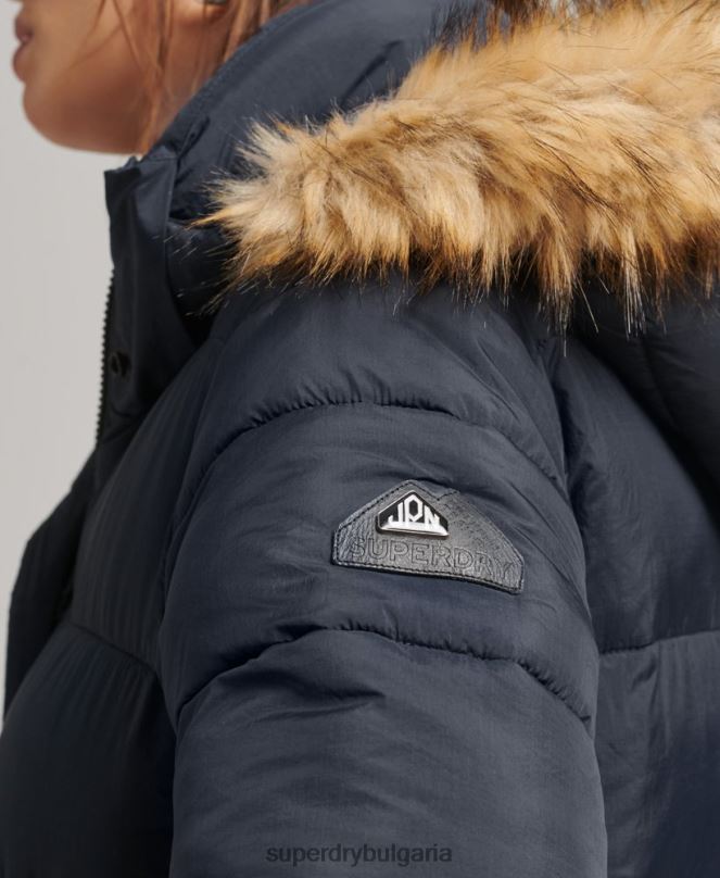Superdry облекло N00H3662 военноморски флот Жени пухено палто с парагади и качулка от изкуствена кожа