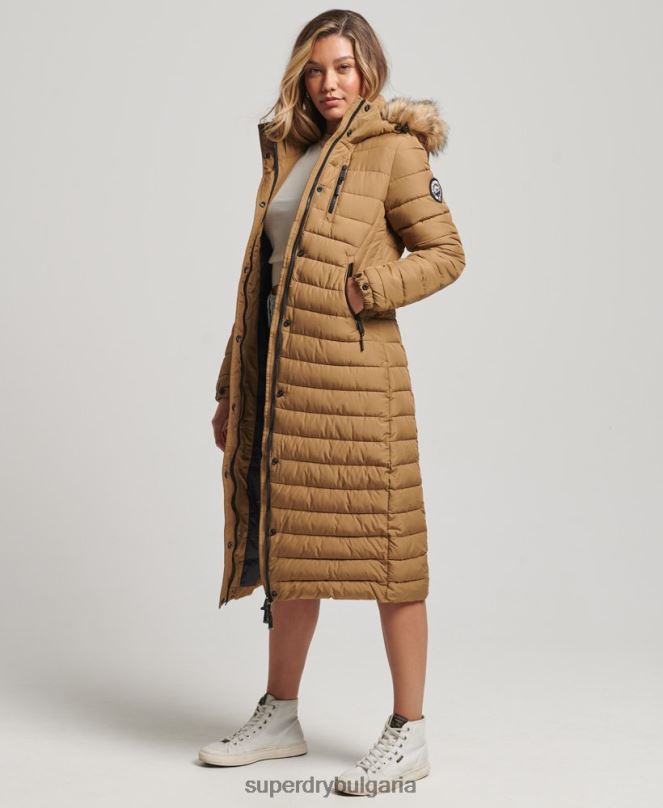 Superdry облекло N00H3701 кафяво Жени леко подплатено пухено палто с парагади и качулка от изкуствена кожа