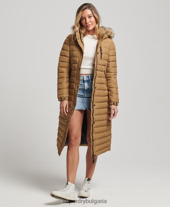 Superdry облекло N00H3701 кафяво Жени леко подплатено пухено палто с парагади и качулка от изкуствена кожа