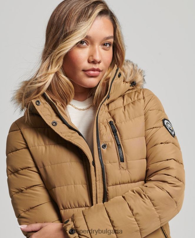 Superdry облекло N00H3701 кафяво Жени леко подплатено пухено палто с парагади и качулка от изкуствена кожа