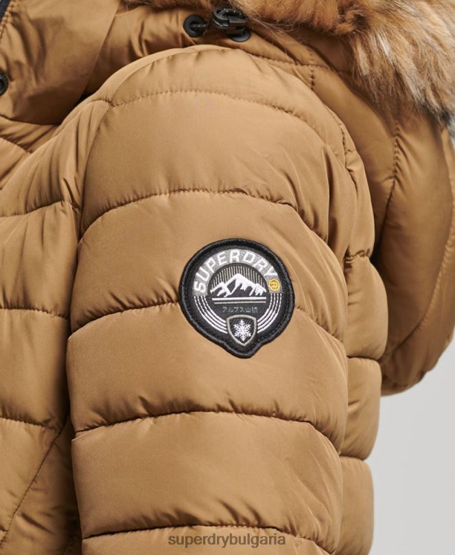 Superdry облекло N00H3701 кафяво Жени леко подплатено пухено палто с парагади и качулка от изкуствена кожа