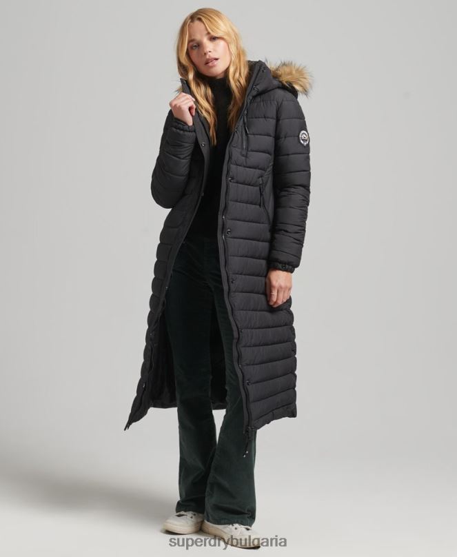 Superdry облекло N00H3716 черен Жени леко подплатено пухено палто с парагади и качулка от изкуствена кожа
