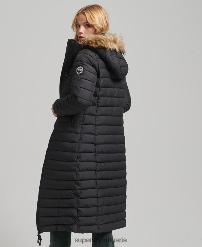 Superdry облекло N00H3716 черен Жени леко подплатено пухено палто с парагади и качулка от изкуствена кожа
