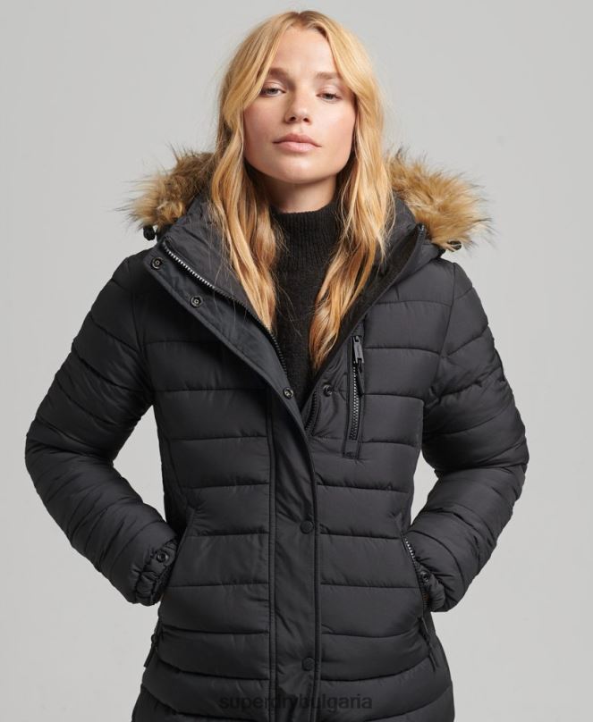 Superdry облекло N00H3716 черен Жени леко подплатено пухено палто с парагади и качулка от изкуствена кожа