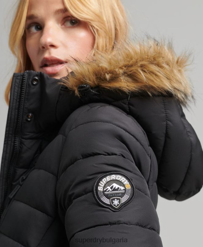 Superdry облекло N00H3716 черен Жени леко подплатено пухено палто с парагади и качулка от изкуствена кожа