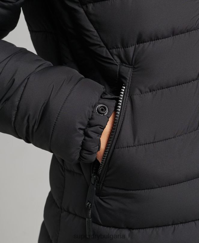 Superdry облекло N00H3716 черен Жени леко подплатено пухено палто с парагади и качулка от изкуствена кожа