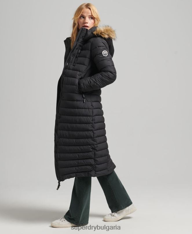 Superdry облекло N00H3716 черен Жени леко подплатено пухено палто с парагади и качулка от изкуствена кожа