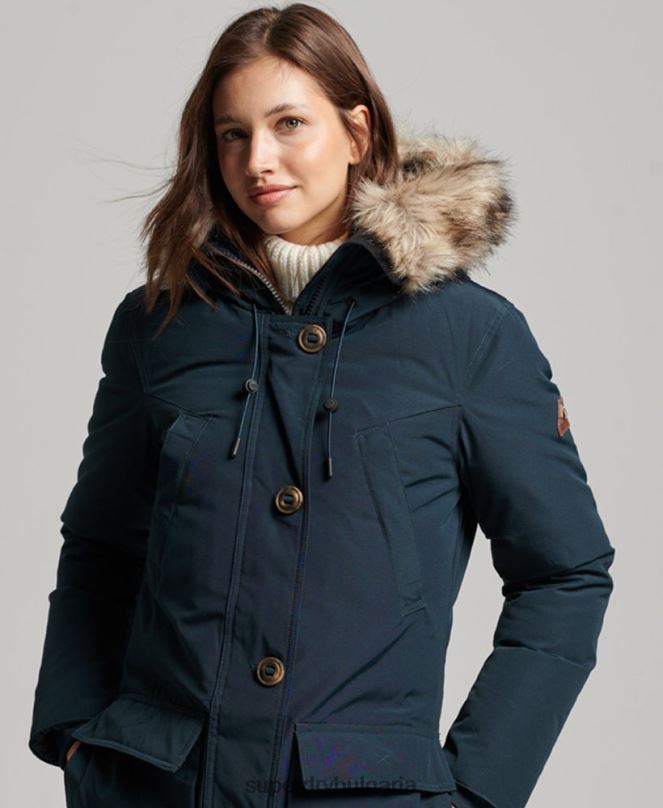 Superdry облекло N00H3727 военноморски флот Жени палто парка с качулка от изкуствена кожа