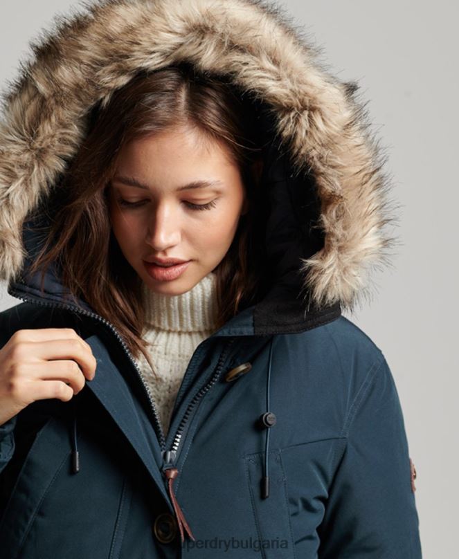 Superdry облекло N00H3727 военноморски флот Жени палто парка с качулка от изкуствена кожа