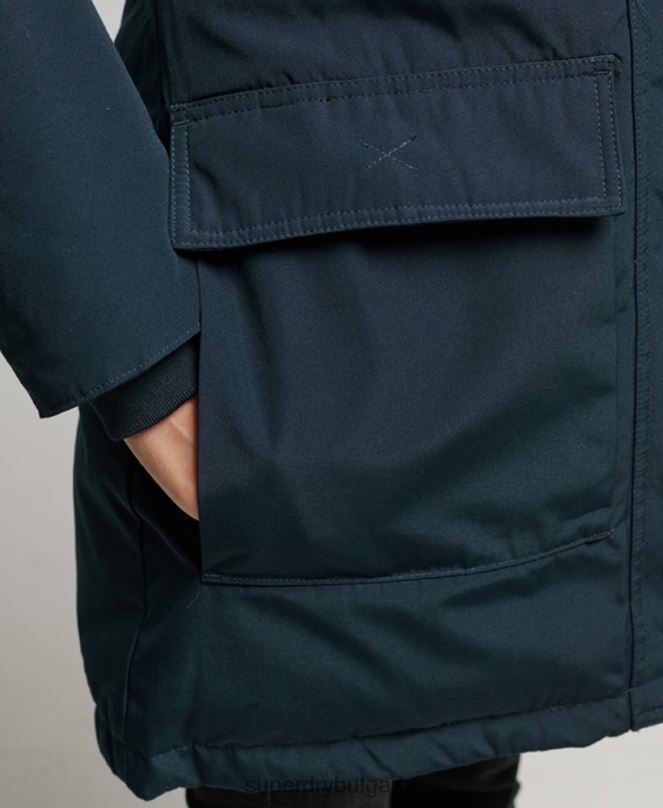 Superdry облекло N00H3727 военноморски флот Жени палто парка с качулка от изкуствена кожа