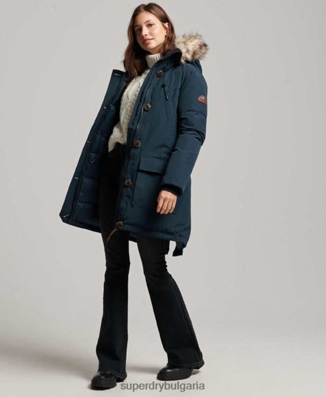 Superdry облекло N00H3727 военноморски флот Жени палто парка с качулка от изкуствена кожа