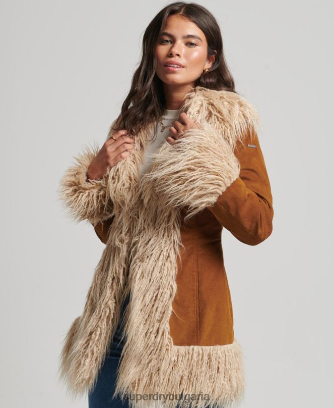 Superdry облекло N00H3737 кафяво Жени афганистанско палто с подплата от изкуствена кожа