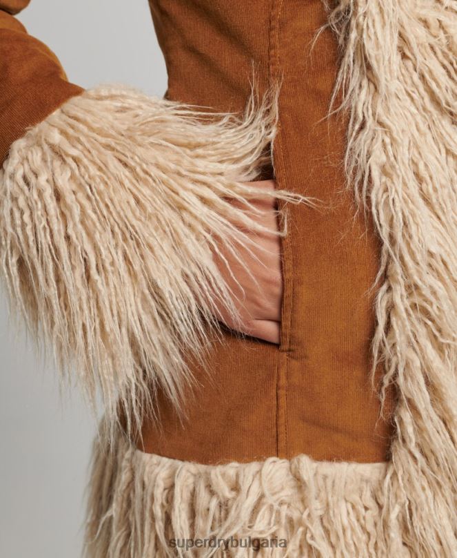 Superdry облекло N00H3737 кафяво Жени афганистанско палто с подплата от изкуствена кожа
