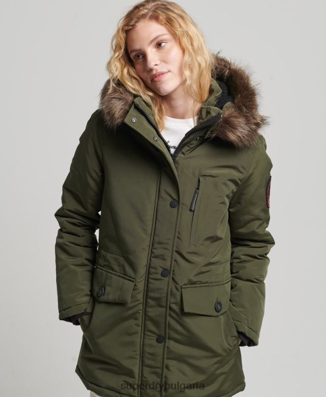 Superdry облекло N00H3773 каки Жени палто парка от изкуствена кожа с качулка