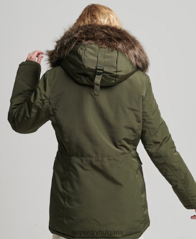 Superdry облекло N00H3773 каки Жени палто парка от изкуствена кожа с качулка