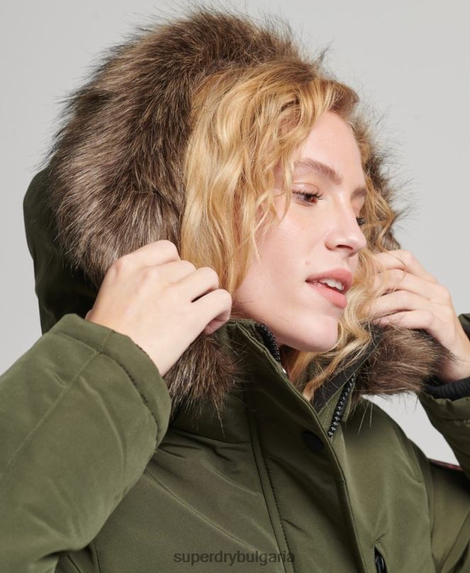 Superdry облекло N00H3773 каки Жени палто парка от изкуствена кожа с качулка