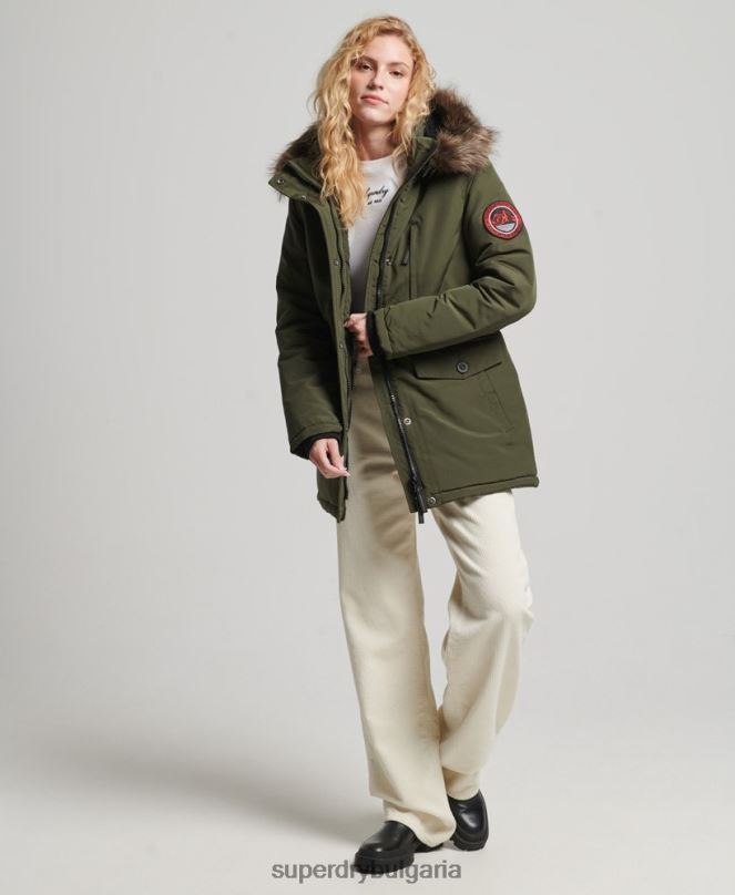 Superdry облекло N00H3773 каки Жени палто парка от изкуствена кожа с качулка