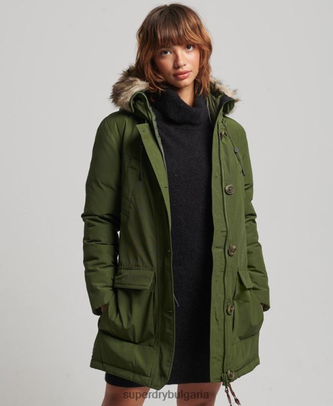 Superdry облекло N00H3775 зелено Жени палто парка с качулка от изкуствена кожа
