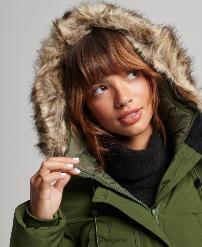 Superdry облекло N00H3775 зелено Жени палто парка с качулка от изкуствена кожа