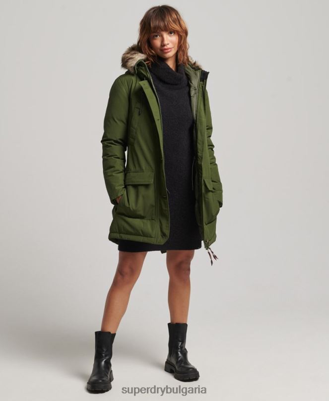 Superdry облекло N00H3775 зелено Жени палто парка с качулка от изкуствена кожа