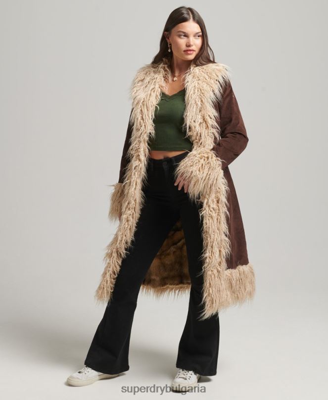 Superdry облекло N00H3813 кафяво Жени афганистанско палто, подплатено с изкуствена кожа