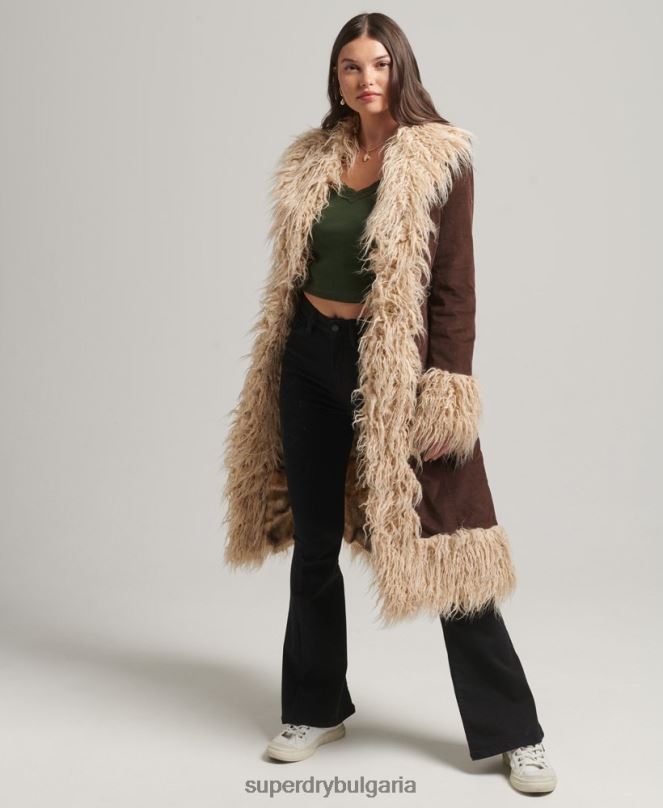 Superdry облекло N00H3813 кафяво Жени афганистанско палто, подплатено с изкуствена кожа