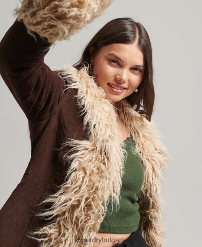 Superdry облекло N00H3813 кафяво Жени афганистанско палто, подплатено с изкуствена кожа