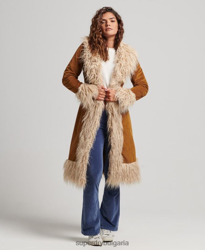 Superdry облекло N00H3835 кафяво Жени афганистанско палто, подплатено с изкуствена кожа
