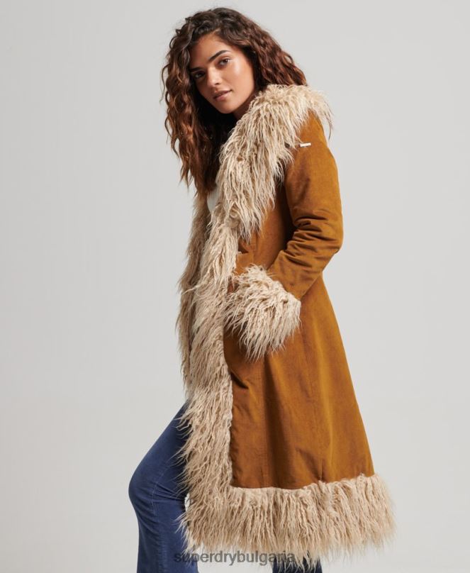 Superdry облекло N00H3835 кафяво Жени афганистанско палто, подплатено с изкуствена кожа