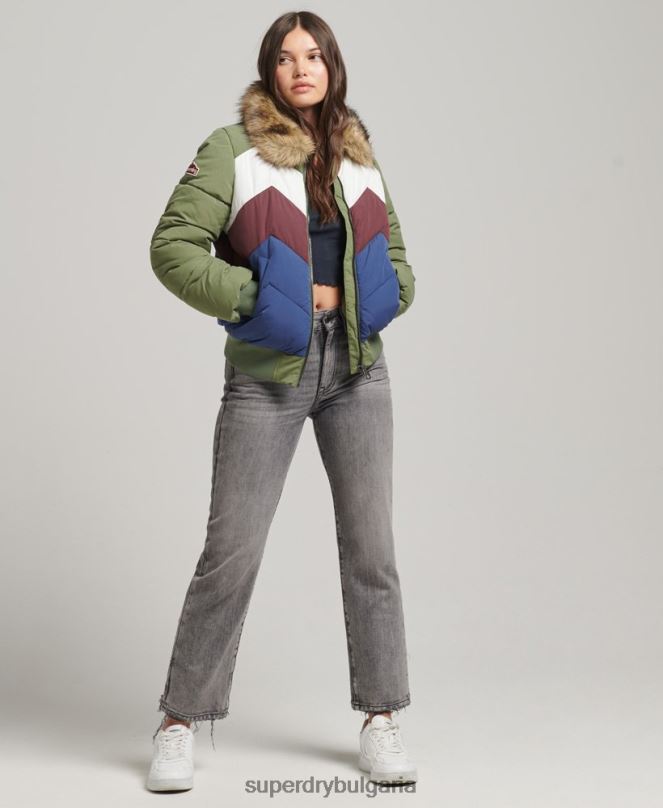 Superdry облекло N00H5457 зелено Жени късо пухено палто с ретро панел