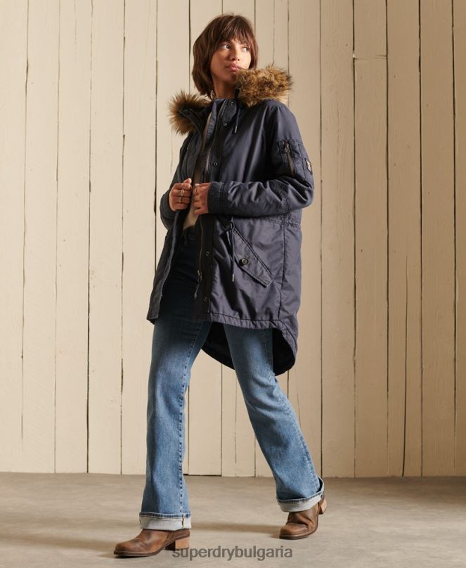 Superdry облекло N00H5515 син Жени военно палто парка с рибена опашка