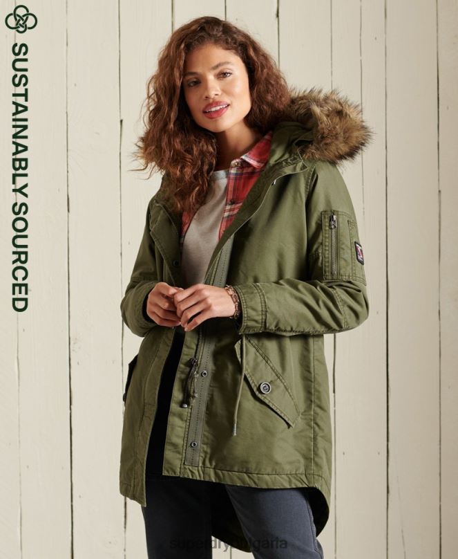 Superdry облекло N00H5568 каки Жени военно палто парка с рибена опашка