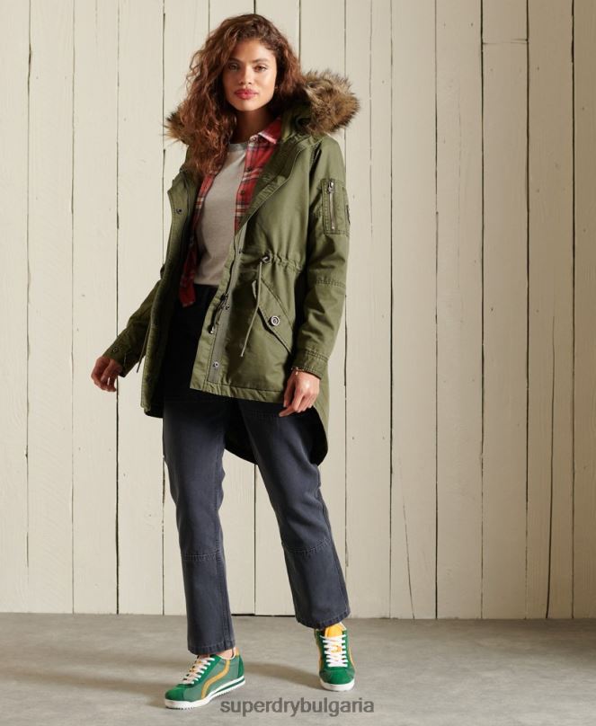 Superdry облекло N00H5568 каки Жени военно палто парка с рибена опашка