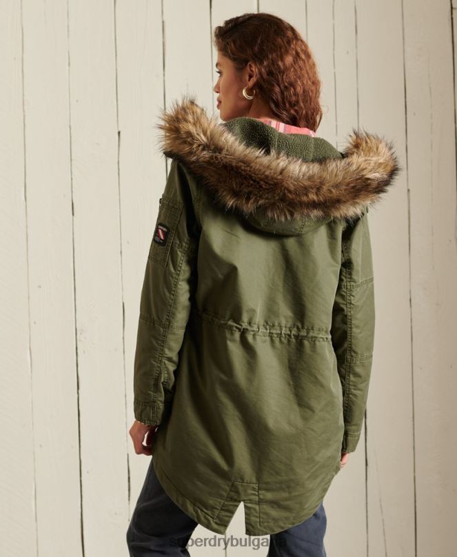 Superdry облекло N00H5568 каки Жени военно палто парка с рибена опашка