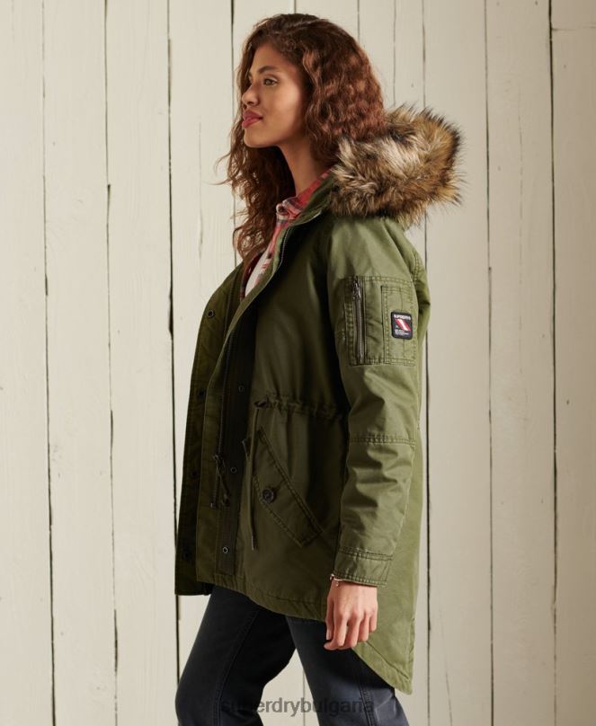 Superdry облекло N00H5568 каки Жени военно палто парка с рибена опашка