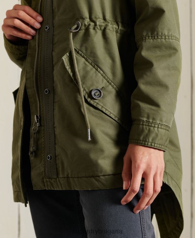 Superdry облекло N00H5568 каки Жени военно палто парка с рибена опашка