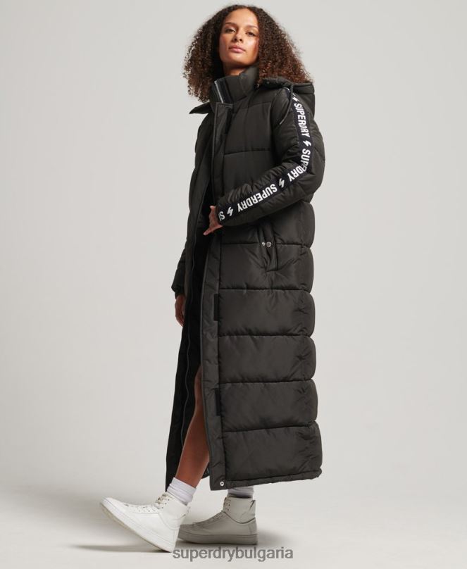 Superdry облекло N00H5647 черен Жени пухено палто с дълга линия с качулка
