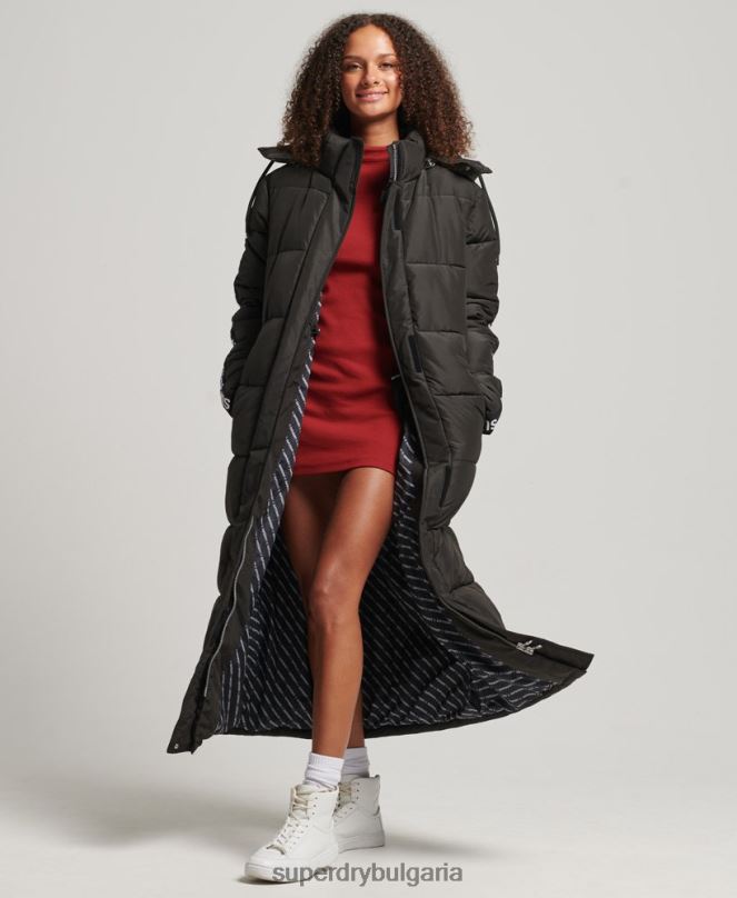 Superdry облекло N00H5647 черен Жени пухено палто с дълга линия с качулка
