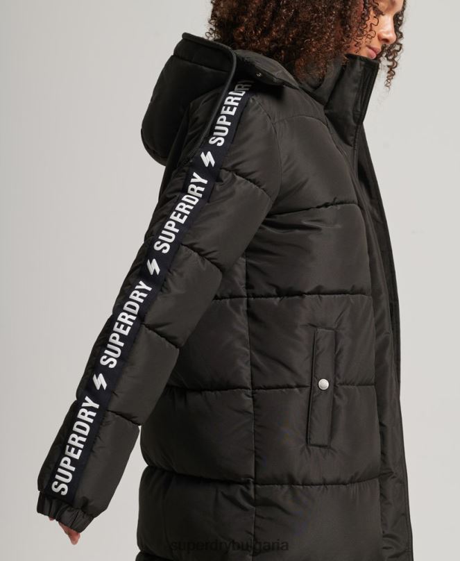 Superdry облекло N00H5647 черен Жени пухено палто с дълга линия с качулка