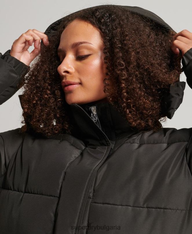 Superdry облекло N00H5647 черен Жени пухено палто с дълга линия с качулка