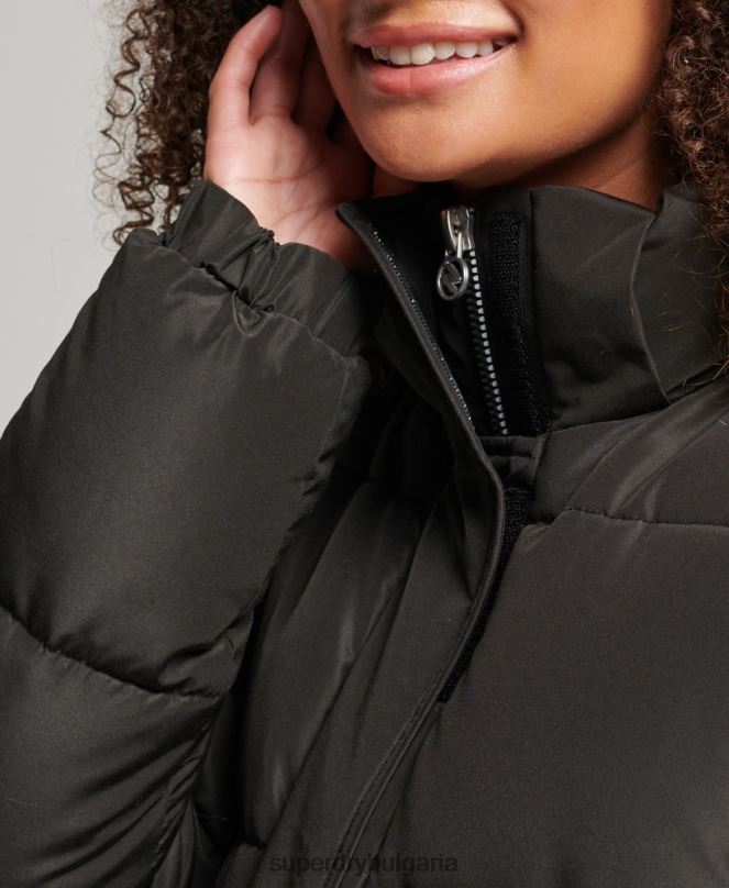 Superdry облекло N00H5647 черен Жени пухено палто с дълга линия с качулка