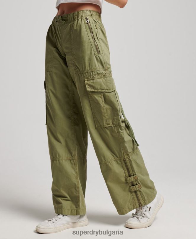 Superdry облекло N00H2015 зелено Жени широки карго панталони с ниска талия