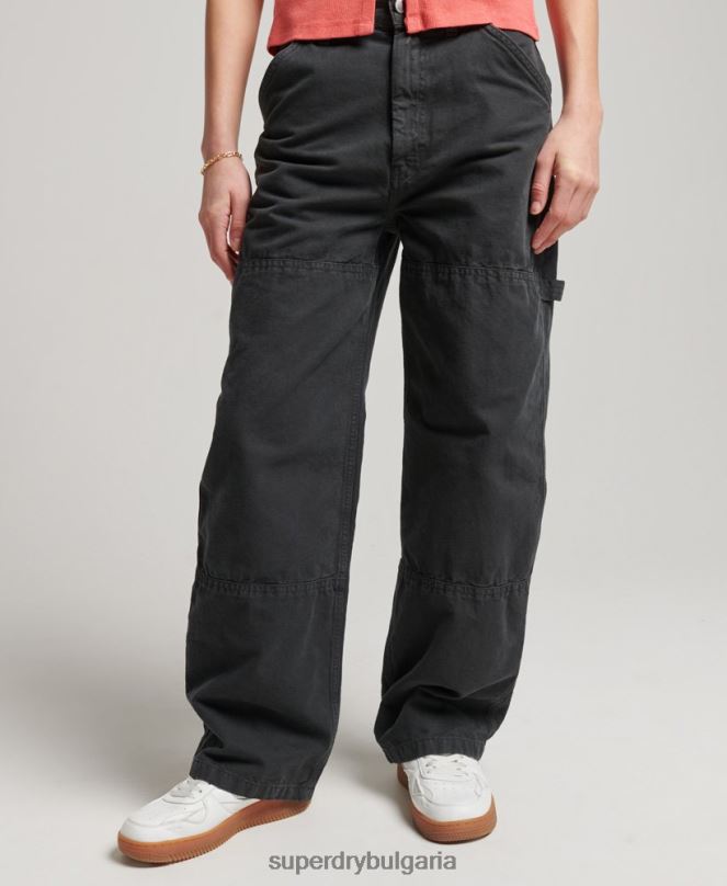 Superdry облекло N00H2557 тъмно сив Жени ретро широки дърводелски панталони от органичен памук