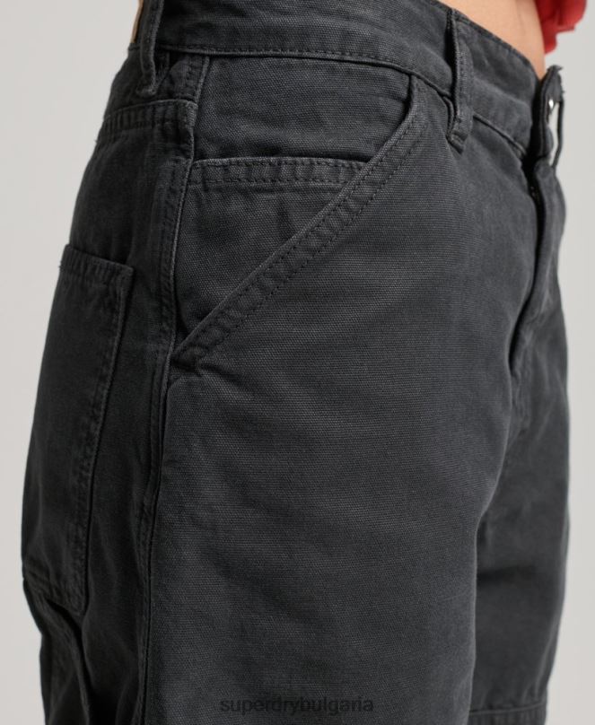 Superdry облекло N00H2557 тъмно сив Жени ретро широки дърводелски панталони от органичен памук