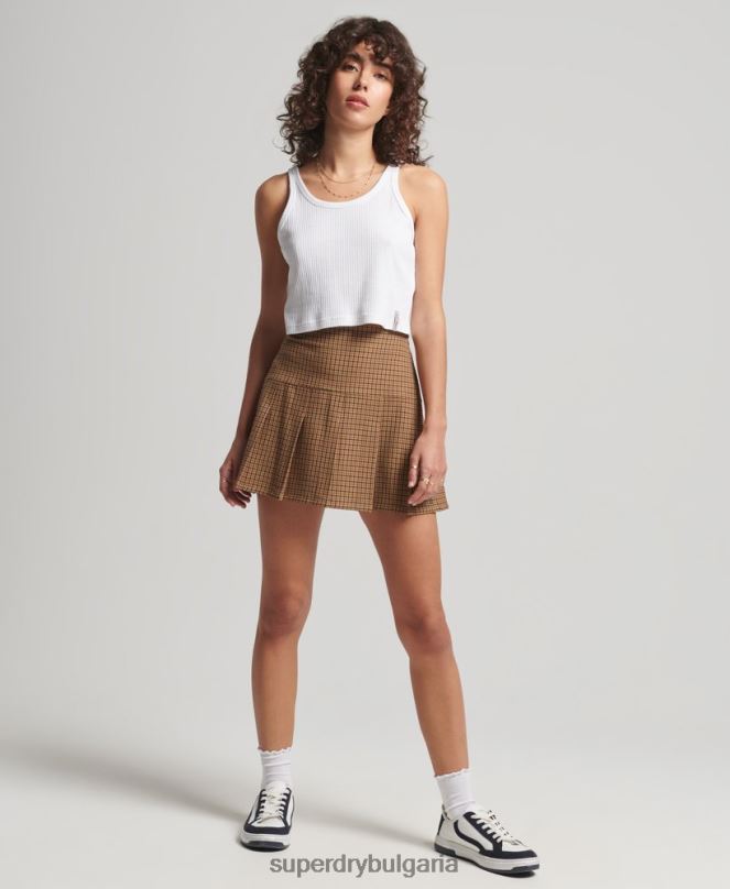 Superdry облекло N00H4131 тен Жени винтидж мини пола от плисе от туид
