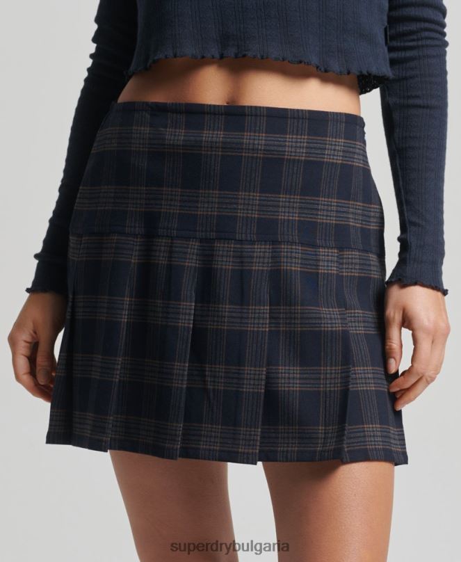 Superdry облекло N00H4157 военноморски флот Жени винтидж мини пола от плисе от туид