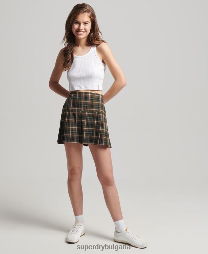 Superdry облекло N00H4160 каки Жени винтидж мини пола от плисе от туид