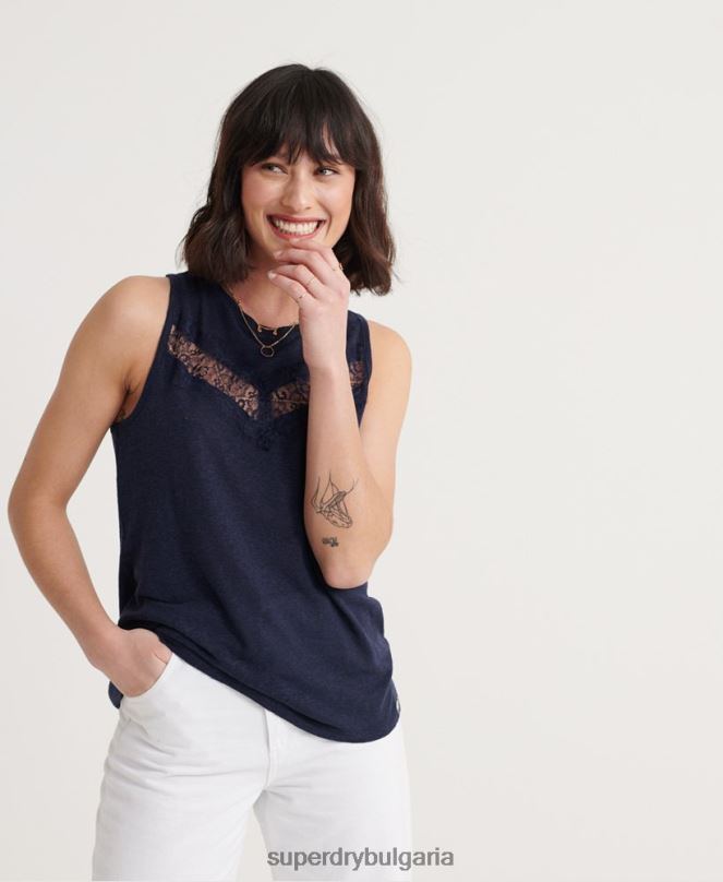 Superdry облекло N00H3086 военноморски флот Жени горна част от дантелена жилетка с шеврон