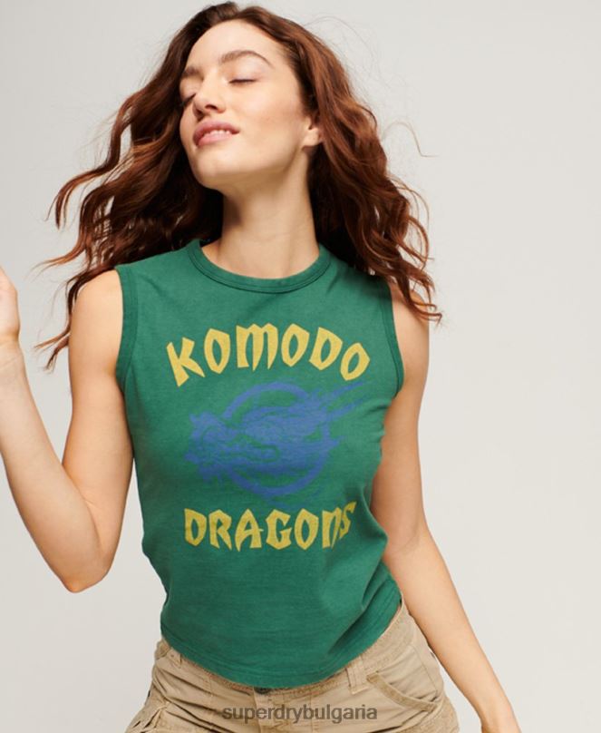 Superdry x Komodo облекло N00H2097 зелено Жени класическа горна жилетка с дракон